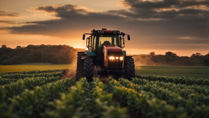 Fototapeta premium Tractor is harvesting agricultural crops, Combine harvester, agricultural field with sunset background. Generative Ai