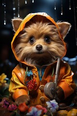 Pet with Rainy Day Accessories: A pet adorned with a raincoat.