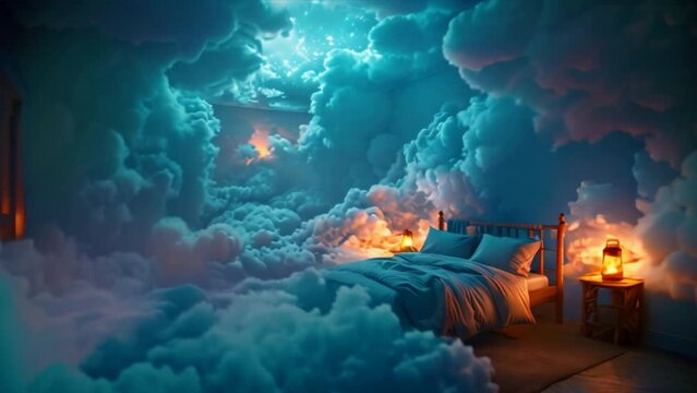 A charming bedroom with a luxurious bed has a mystical backdrop of swirling blue clouds and glowing lamps. Reminiscent of a dreamy atmosphere