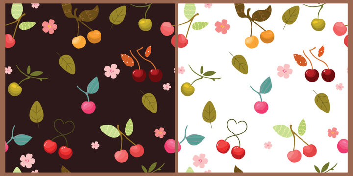 Set with cute cherries patterns, seamless pattern. Leaves, flowers, charry on black and dark backgrounds. Vector illustration.