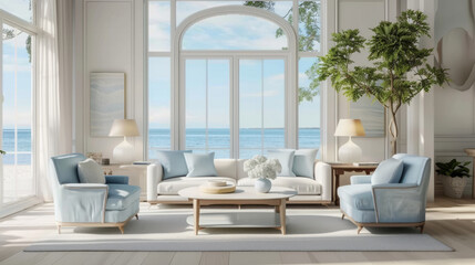 Fototapeta na wymiar a white coastal living space with blue chairs with beach view