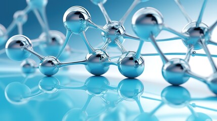 Silver molecule atoms structures on blue background. Glass molecule model. Abstract Atom molecule structure