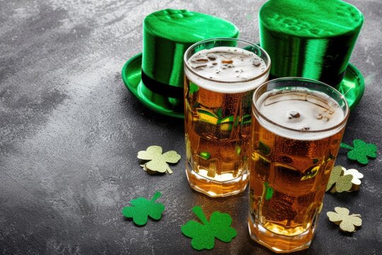 Top view of beer, green hats, shamrock and clover leaves on concrete table