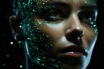 a woman with a futuristic face and green holography lights particles on her face and a black background, cybernetics, computer rendering, sci-fi, cyber art - Powered by Adobe