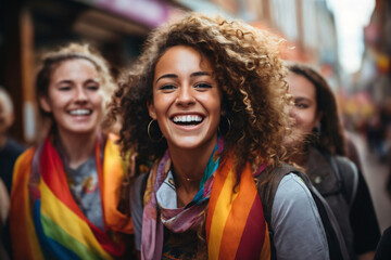 portrait of a girl at a gay pride parade, happy and joyful emotions with friends, LGBT concept - 734817825