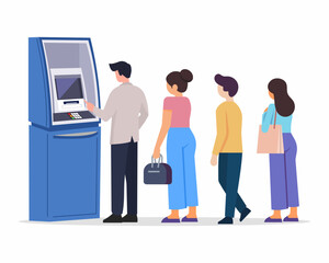 Customer standing in line or queue near ATM Machine and withdrawal cash digital bank service vector illustration
