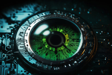 artificial eye closeup, augmented cyber reality and digital vision of the future and information processing