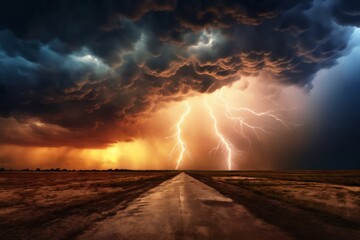 dark dramatic stormy sky with lightning and cumulus clouds over ground road in plain for abstract background - 734818057