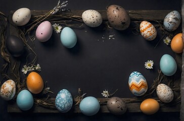 blue easter banner with painted eggs with copy space 