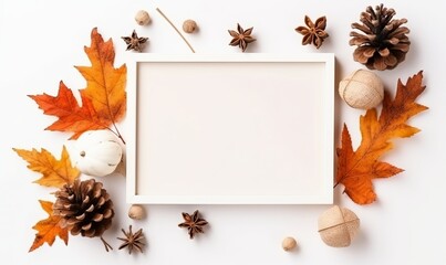 Autumn, fall concept, Blank mock up photo frame, orange leaves, cotton flowers, pine cone, anise star, berries, nuts on white background, Flat lay, top view, copy space