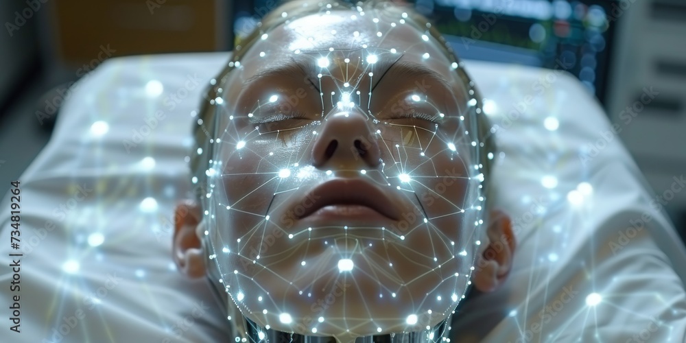Poster A Womans Face Illuminated by the Complex Network of a Futuristic Facial Recognition Scan, Generative AI