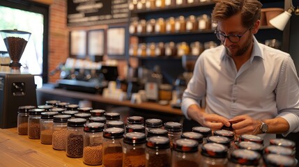 Expert Coffee Cupping: Array of Flavors and Intense Concentration - obrazy, fototapety, plakaty
