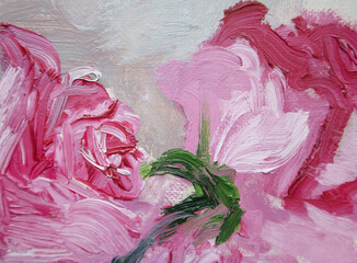 Pink roses blooms with sepal closeup. Original oil painting.