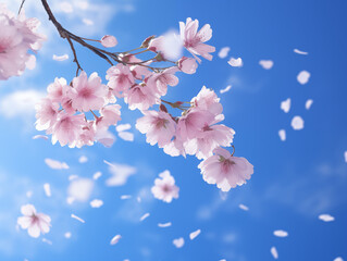 Beautiful bright background with sakura flowers and blue sky. Spring header concept.