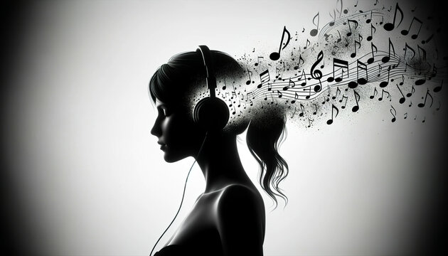 A silhouette of a woman with headphones, profile facing left, with musical notes and a stave flowing from her mind into the surrounding space.Concept of love of music. AI generated.