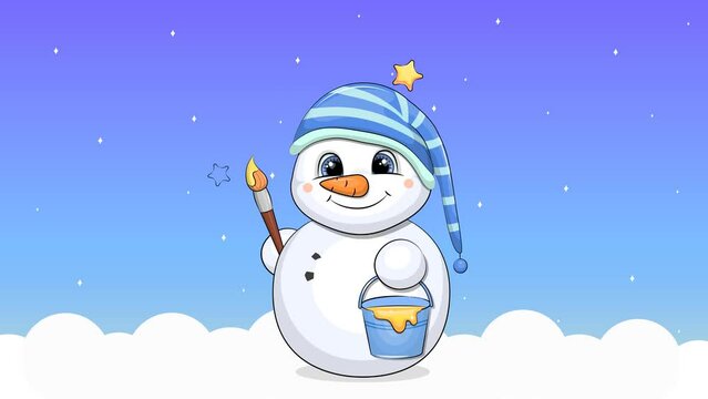 Cute cartoon snowman draws yellow stars. Christmas night animation on a blue background.