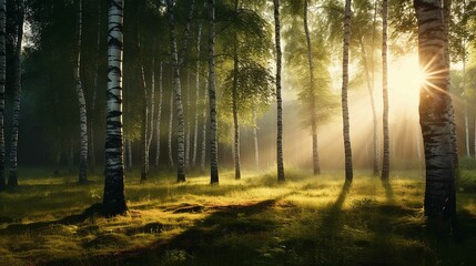 birch trees in a field with sun and sunbeams, in the style of the helsinki