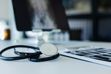 Doctor stethoscope on desk in clinic. medicine science concept.