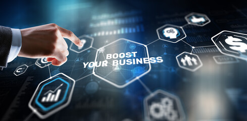 Boost Your Business 2024. Businessman touching finger virtual screen
