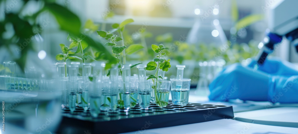 Poster plants in lab tube. science laboratory experiments analysis and genetic engineering study.