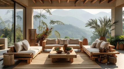 Fototapeta premium fresh modern living room with wooden furniture and plants in front of mountains,