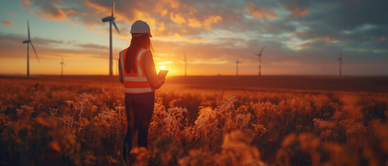 During sunset, male engineers work on the site of a wind turbine powered by natural energy. Objectives of auditing the main operations of wind power plants. - obrazy, fototapety, plakaty