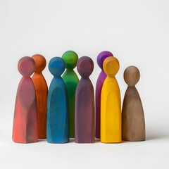 A crowd of wooden figures of people. Customers and buyers, statistics, preferences of Population. group of citizens, rally, political movement or electorate. Society, demography, employee, family.