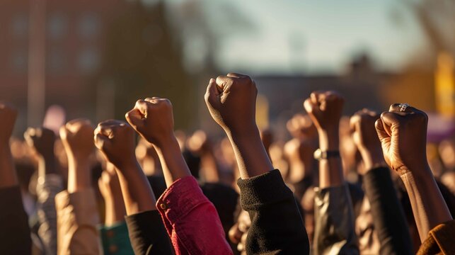 Black women march together in protest. Arms and fists raised in the for activism in the community, realistic photography