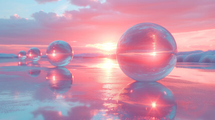 3D abstract silk cloth floating in pastel sunset landscape and spherical glass. Futuristic cyberpunk hyper realism details reflective holographic landscape background.