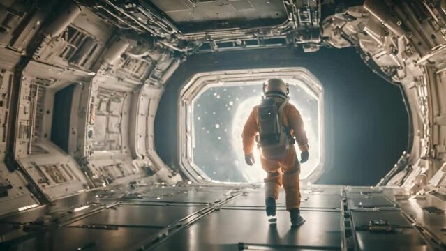 The astronaut gazes upon the vast illuminator within the mysterious confines of an unidentified spacecraft amidst a desolate galaxy.