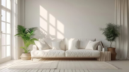  empty room with a white couch and two plants on white wall, modern living room interior house
