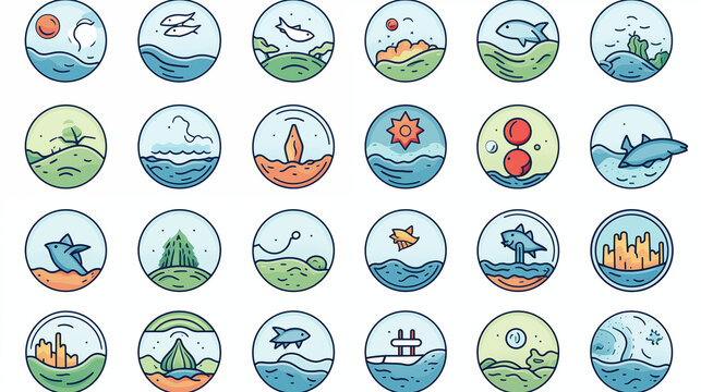 A collection of line and filled style icons showcasing landscapes, emphasizing nature, Earth, ecology, conservation, biodiversity, environment, and outdoor themes. Vector illustration.
