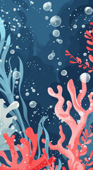 A serene underwater scene featuring seaweed, water bubbles, and vibrant coral formations.
