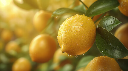 Lemon tree with ripe fruits. Branch of fresh ripe lemons with leaves in sun beams. Mediterranean citrus grove