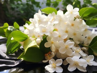jasmine blossoms with leaves in the background