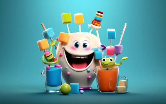 Cartoon Character Surrounded by Candy and Candies