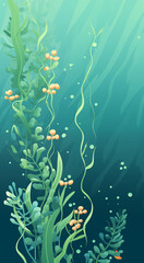 Seaweed, water bubbles, and coral adorn this oceanic background, creating a vibrant underwater scene.