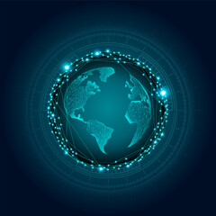 Wireframe globe with circular interface elements. International data exchange and internet. Global connectivity and digital globalization. Concept of modern technologies, artificial intelligence