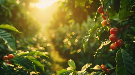 Tranquil Morning at Coffee Plantation: Ripe Red Cherries and Morning Sunlight