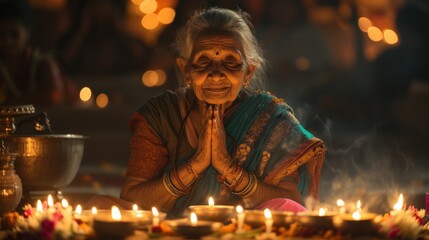 Old indian woman pray with candles. Night shot - obrazy, fototapety, plakaty