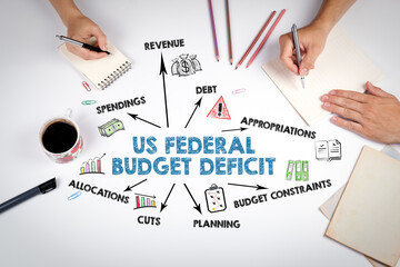 US Federal Budget Deficit Concept. The meeting at the white office table - obrazy, fototapety, plakaty