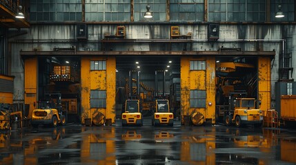 Forklifts in an industrial warehouse, in the style of photo-realistic landscapes, AI Image Generative