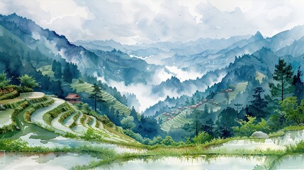 Light Watercolors, Rice fields, seedlings, rain, terraces on vietnam 