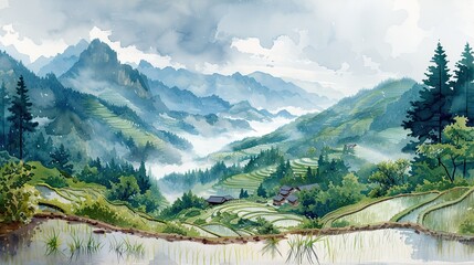 Light Watercolors, Rice fields, seedlings, rain, terraces on vietnam  - obrazy, fototapety, plakaty