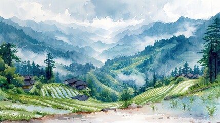 Fototapeta na wymiar Light Watercolors, Rice fields, seedlings, rain, terraces on vietnam 