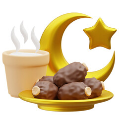 Iftar food, Breaking the fast. Food fasting icon, 3D rendering Ramadan illustration