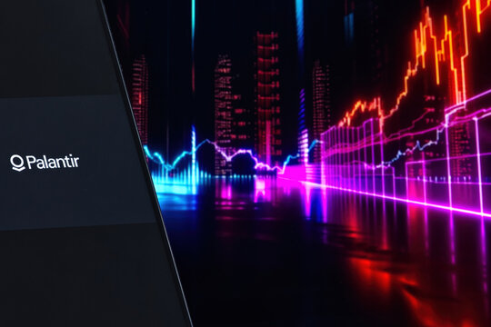 Palantir logo on stock chart background, United States, New York, February 13, 2024