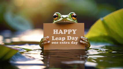 Cute frog holding banner with text. Leap day, one extra day - leap year 29 February  - obrazy, fototapety, plakaty