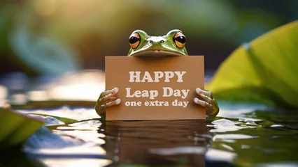 Fototapeten Cute frog holding banner with text. Leap day, one extra day - leap year 29 February  © triocean