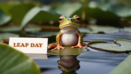 Cute frog holding banner with text. Leap day, one extra day - leap year 29 February 